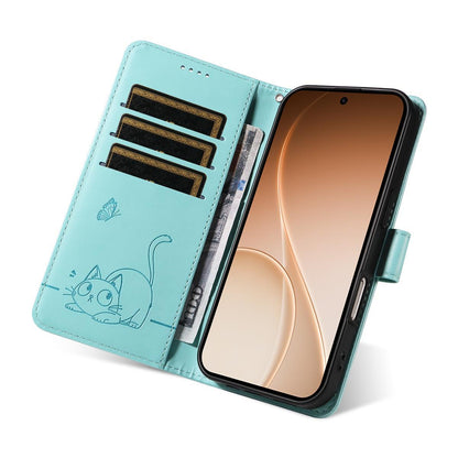 For Realme 16T 5G Adorable Cat Embossed Pattern Flip Leather Phone Case - Green - EDA008367007A