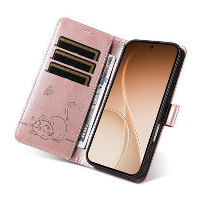 For Realme 16T 5G Adorable Cat Embossed Pattern Flip Leather Phone Case - Rose Gold - EDA008367007B