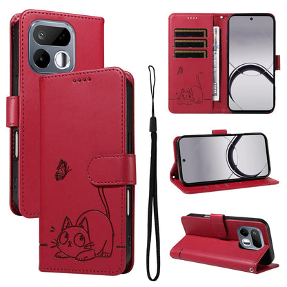 For Realme 16T 5G Adorable Cat Embossed Pattern Flip Leather Phone Case - Red - EDA008367007D