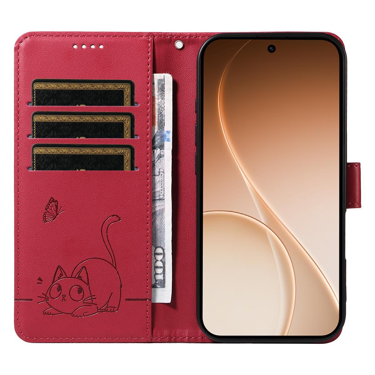 For Realme 16T 5G Adorable Cat Embossed Pattern Flip Leather Phone Case - Red - EDA008367007D