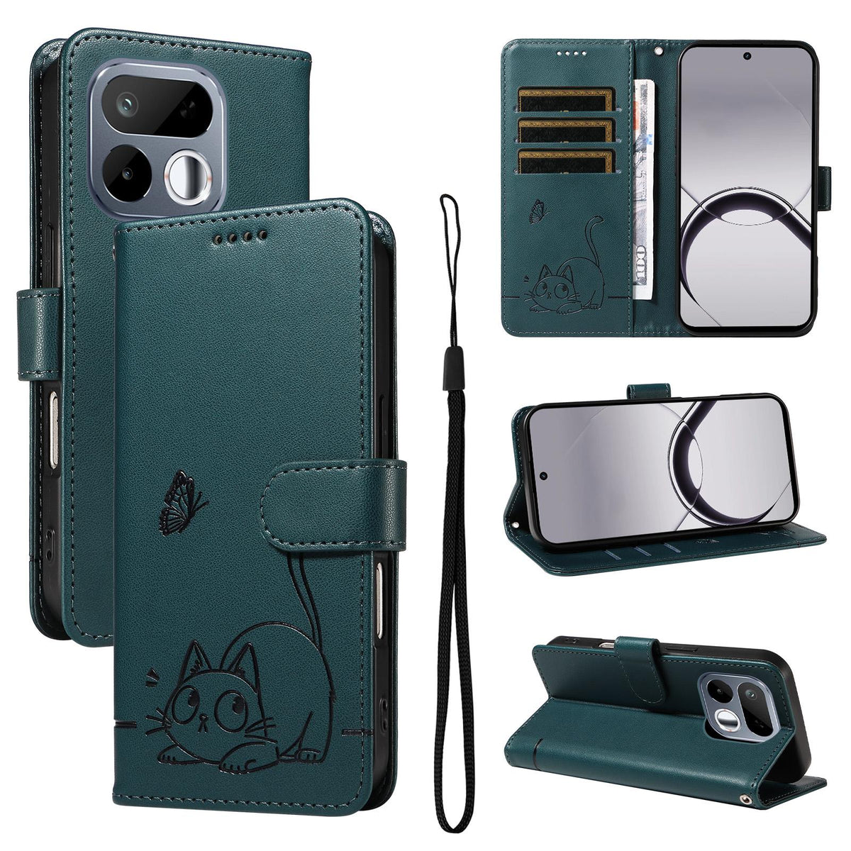 For Realme 16T 5G Adorable Cat Embossed Pattern Flip Leather Phone Case - Dark Green - EDA008367007E