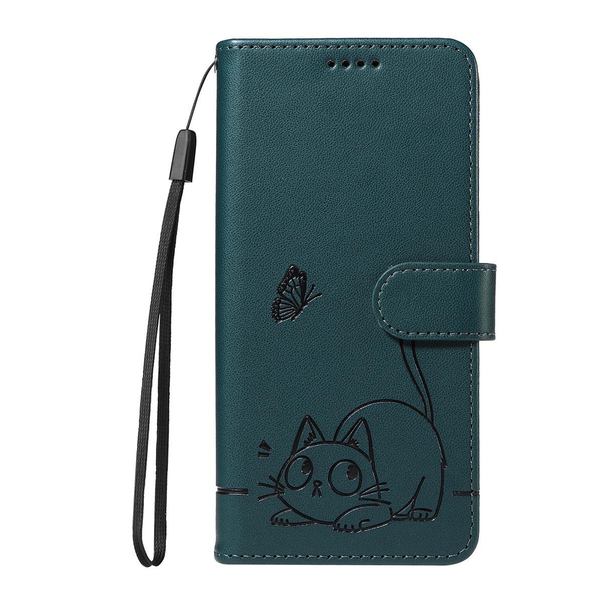For Realme 16T 5G Adorable Cat Embossed Pattern Flip Leather Phone Case - Dark Green - EDA008367007E