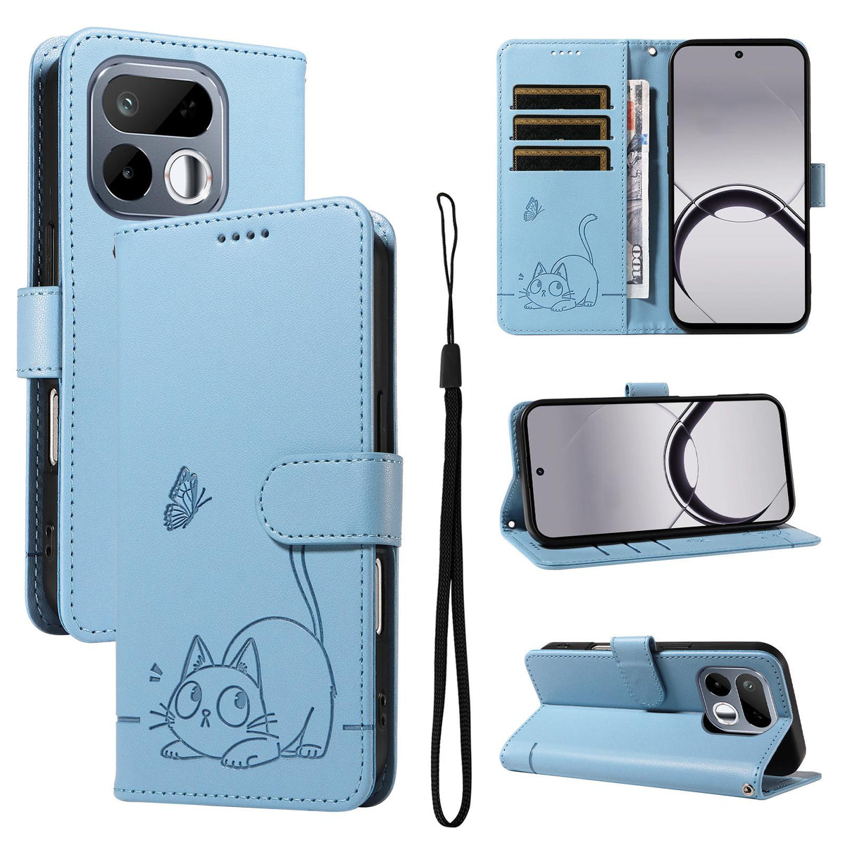 For Realme 16T 5G Adorable Cat Embossed Pattern Flip Leather Phone Case - Sky Blue - EDA008367007F
