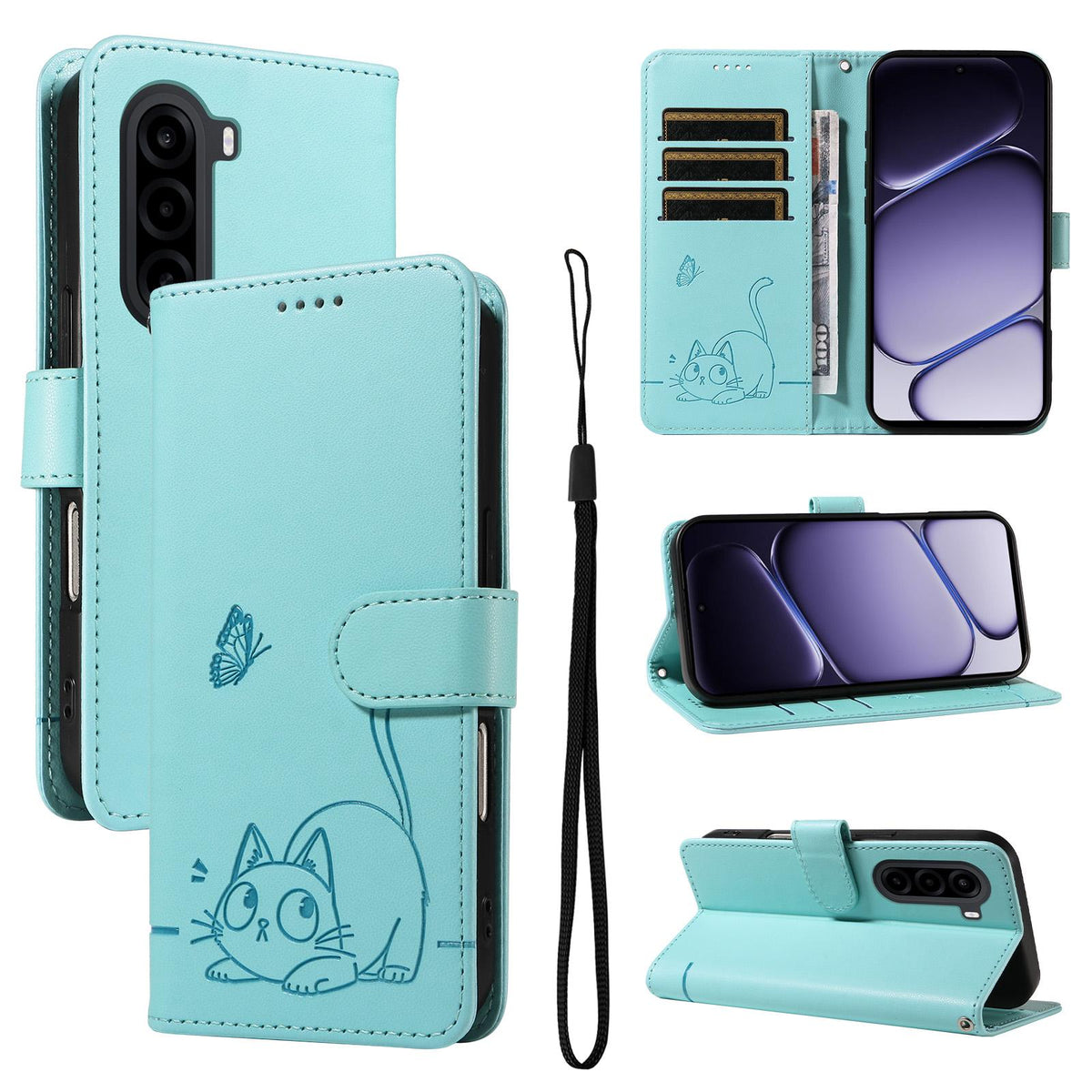 For Realme P4x 5G Adorable Cat Embossed Pattern Flip Leather Phone Case - Green - EDA008367008A