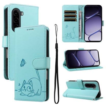 For Realme P4x 5G Adorable Cat Embossed Pattern Flip Leather Phone Case - Green - EDA008367008A