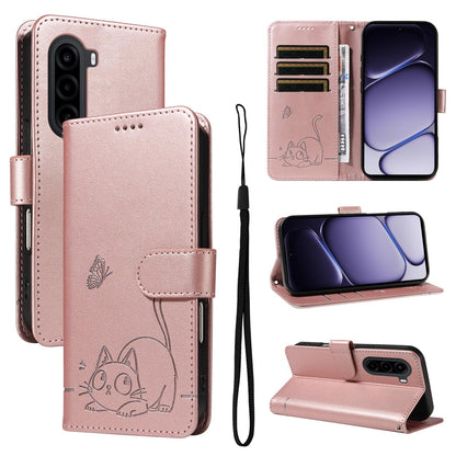 For Realme P4x 5G Adorable Cat Embossed Pattern Flip Leather Phone Case - Rose Gold - EDA008367008B