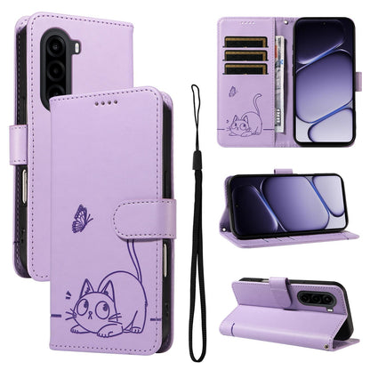 For Realme P4x 5G Adorable Cat Embossed Pattern Flip Leather Phone Case - Purple - EDA008367008C