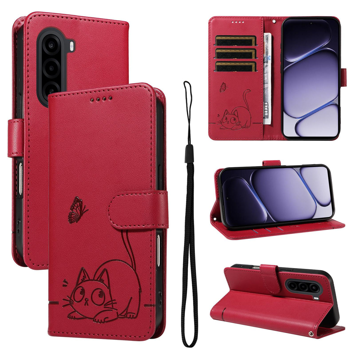 For Realme P4x 5G Adorable Cat Embossed Pattern Flip Leather Phone Case - Red - EDA008367008D