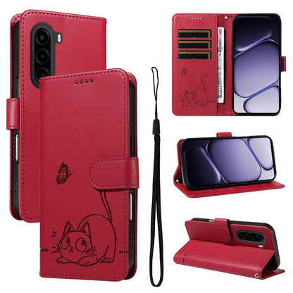 For Realme P4x 5G Adorable Cat Embossed Pattern Flip Leather Phone Case - Red - EDA008367008D