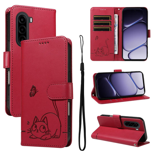 For Realme P4x 5G Adorable Cat Embossed Pattern Flip Leather Phone Case - Red - EDA008367008D