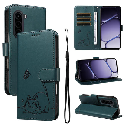 For Realme P4x 5G Adorable Cat Embossed Pattern Flip Leather Phone Case - Dark Green - EDA008367008E