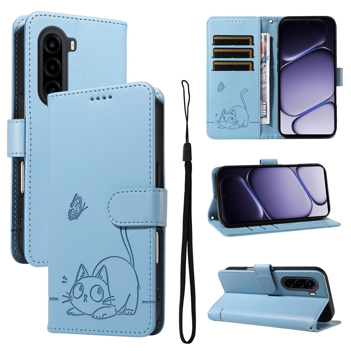 For Realme P4x 5G Adorable Cat Embossed Pattern Flip Leather Phone Case - Sky Blue - EDA008367008F