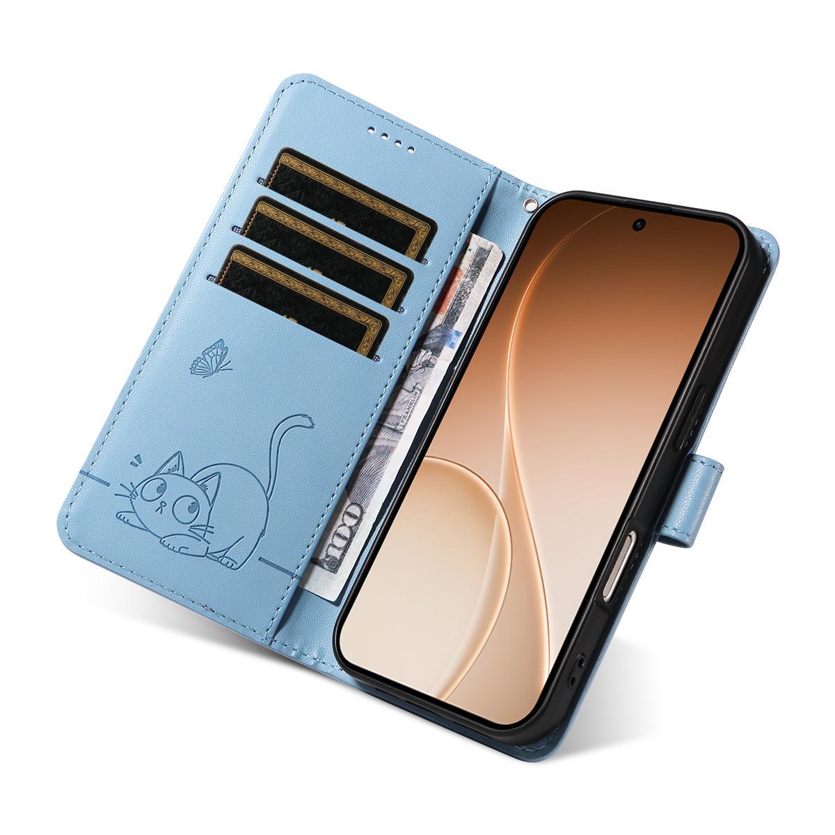 For Realme P4x 5G Adorable Cat Embossed Pattern Flip Leather Phone Case - Sky Blue - EDA008367008F