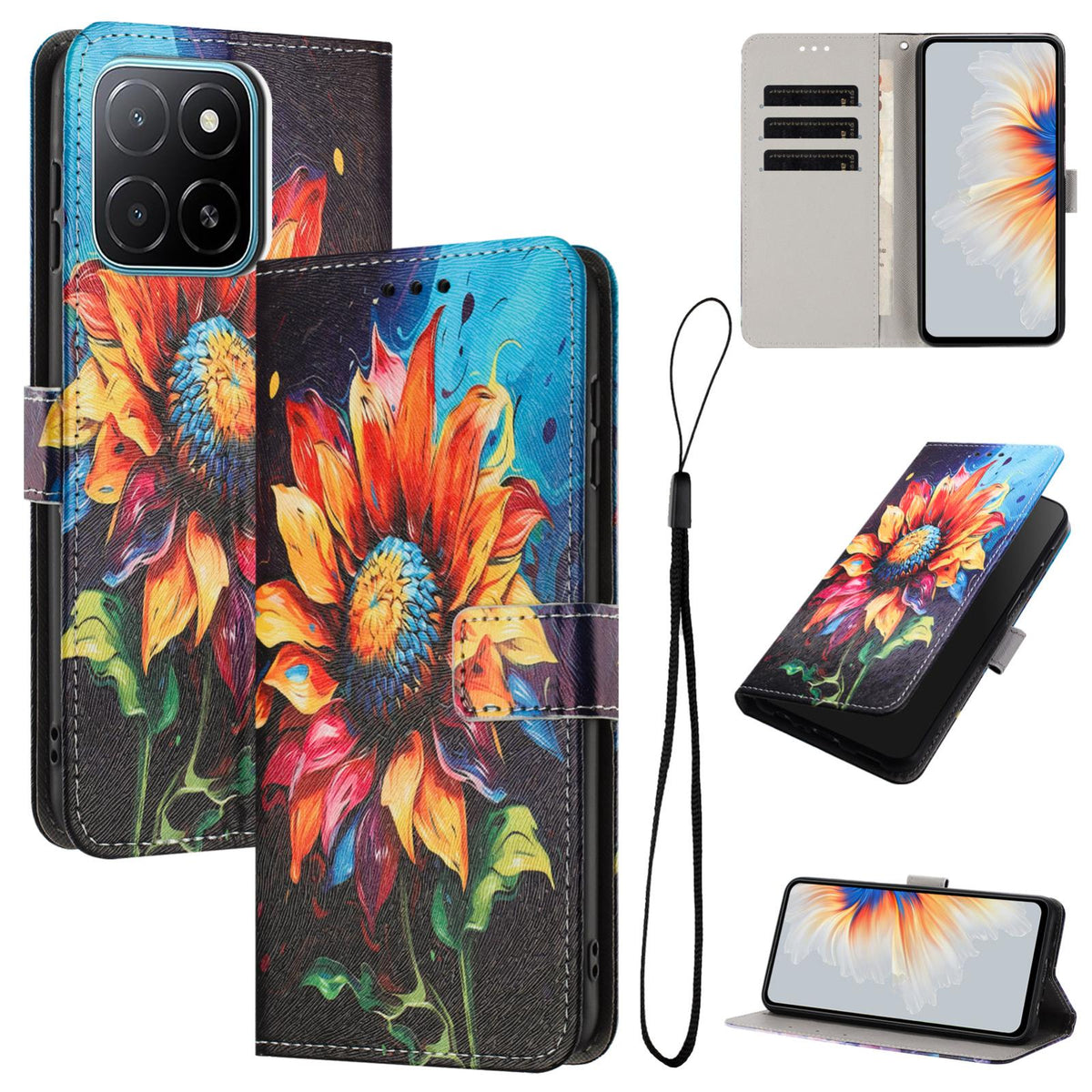 For Honor 600 Smart 5G Color Drawing Pattern Leather Phone Case - Sunflower - EDA008386225A
