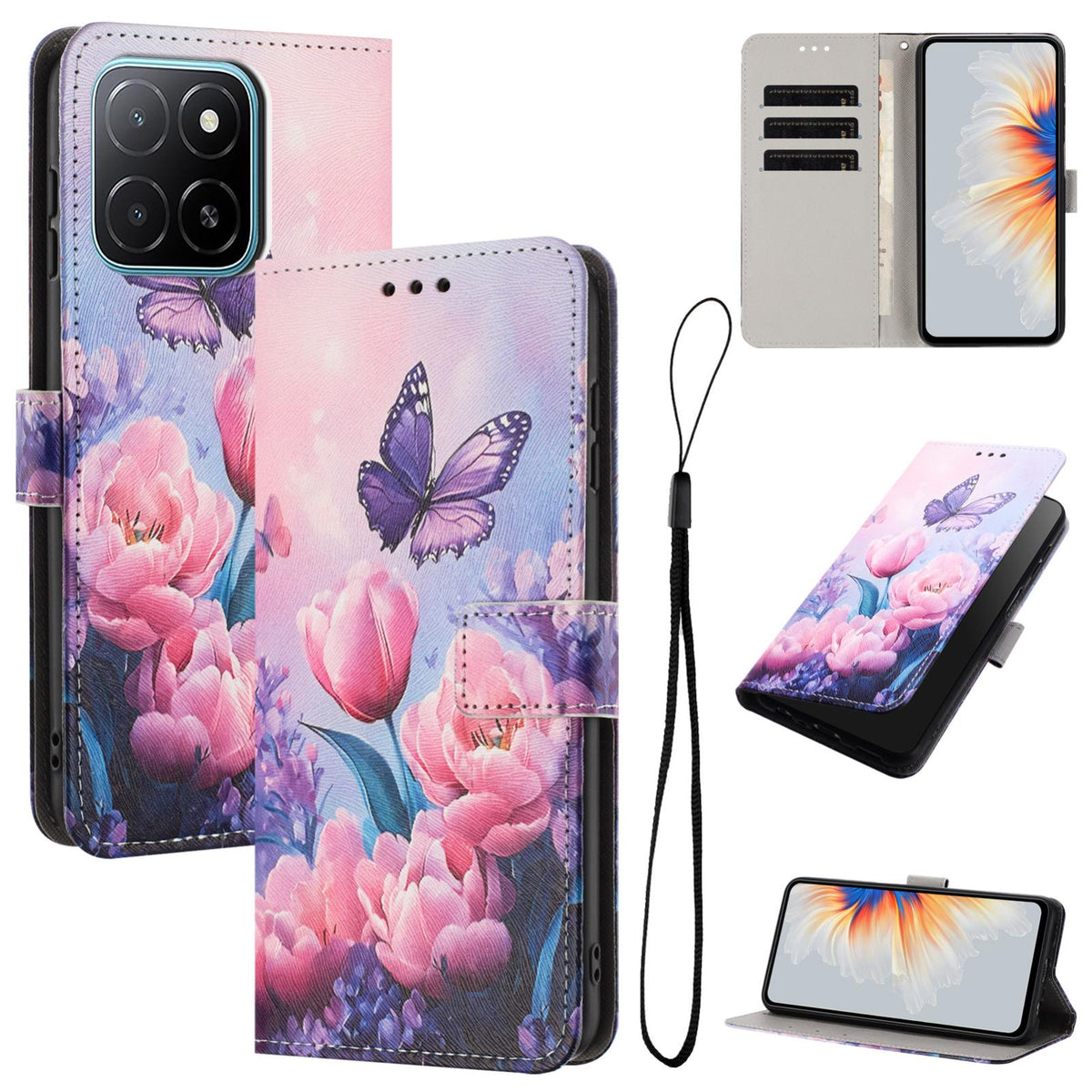 For Honor 600 Smart 5G Color Drawing Pattern Leather Phone Case - Pink Butterfly - EDA008386225B