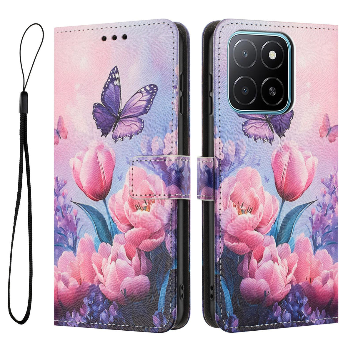 For Honor 600 Smart 5G Color Drawing Pattern Leather Phone Case - Pink Butterfly - EDA008386225B