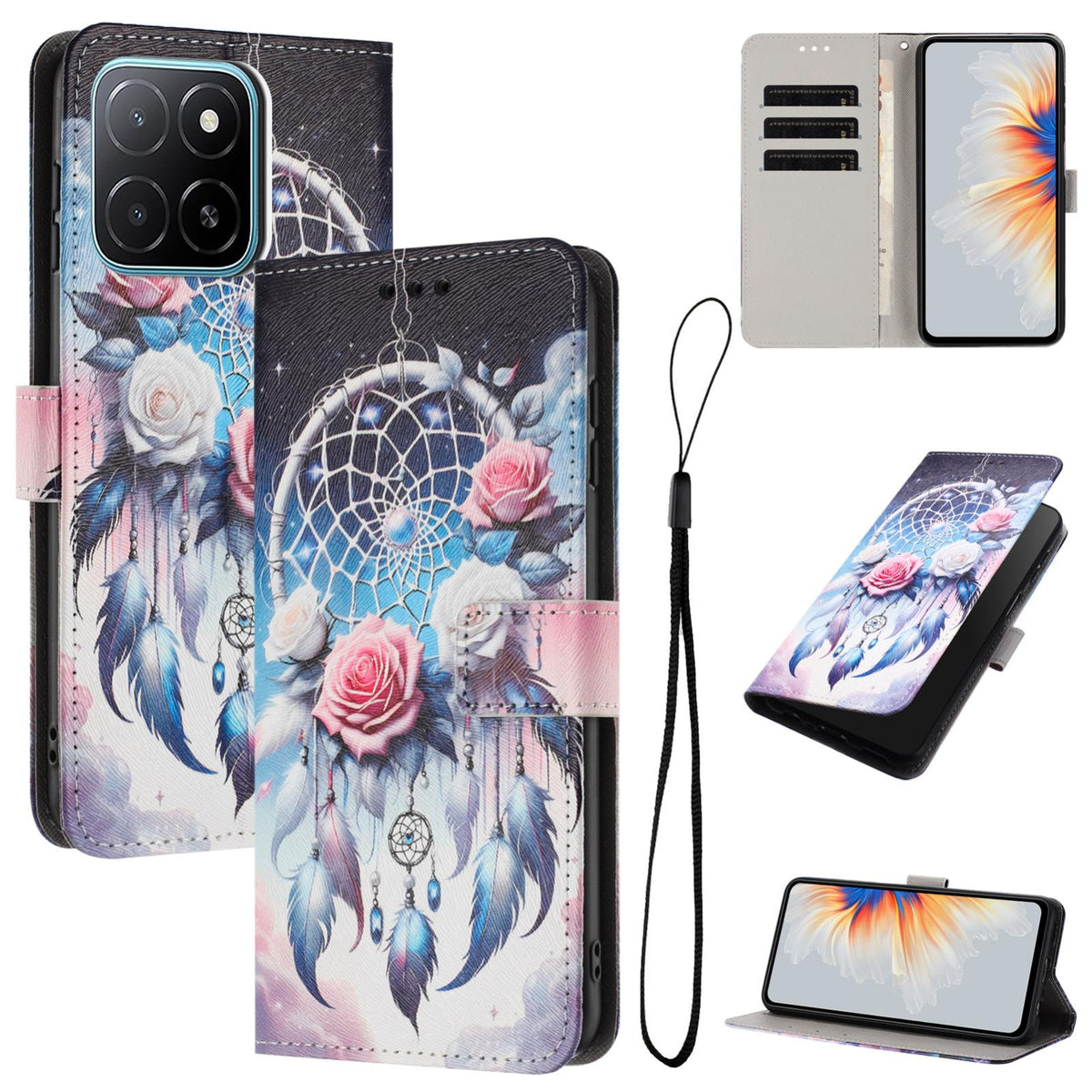 For Honor 600 Smart 5G Color Drawing Pattern Leather Phone Case - Flower Wind Chime - EDA008386225H