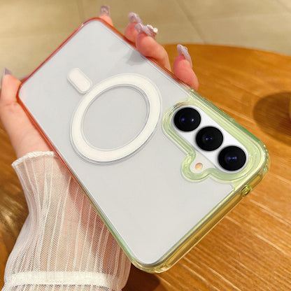 For Galaxy S26 FE 5G Contrast Color Gradient Transparent MagSafe Phone Case - Fluorescent Green + Light Pink - EDA008398742A
