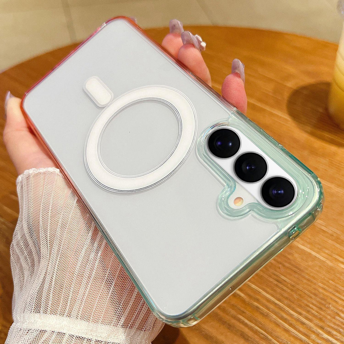 For Galaxy S26 FE 5G Contrast Color Gradient Transparent MagSafe Phone Case - Blue Green + Pink - EDA008398742C