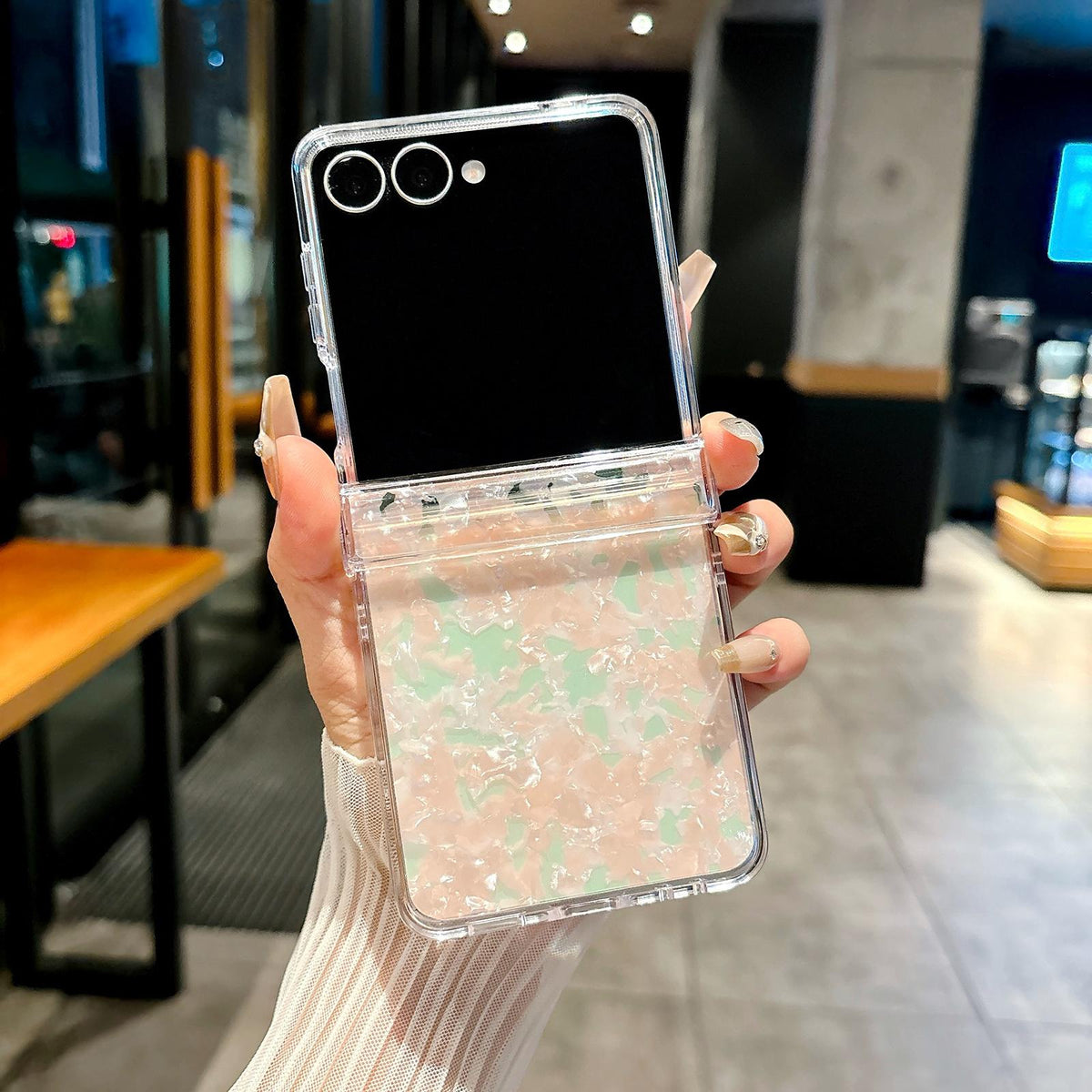 For Galaxy Z Flip8 5G Three-piece Set Pearlescent Shell Texture Phone Case - Pink Green - EDA008422602A