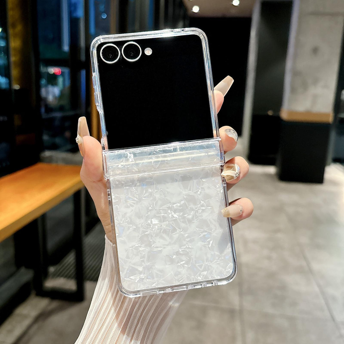 For Galaxy Z Flip8 5G Three-piece Set Pearlescent Shell Texture Phone Case - White - EDA008422602B
