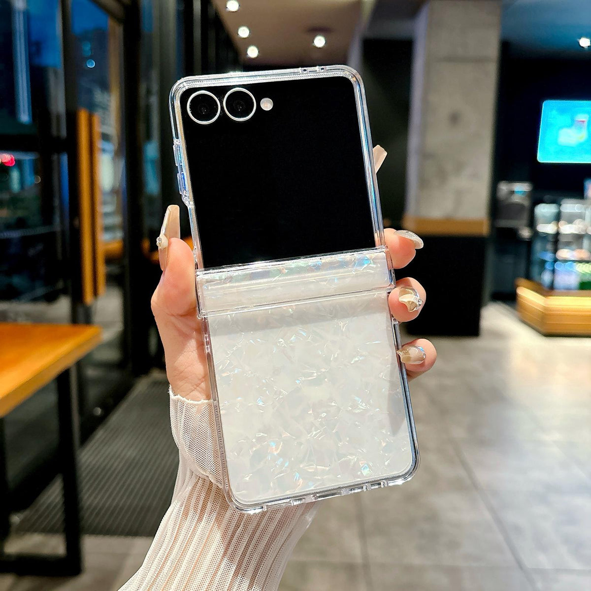 For Galaxy Z Flip8 5G Three-piece Set Pearlescent Shell Texture Phone Case - Beige - EDA008422602C