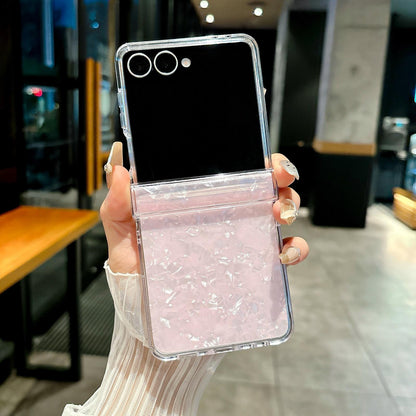For Galaxy Z Flip8 5G Three-piece Set Pearlescent Shell Texture Phone Case - Pink - EDA008422602E