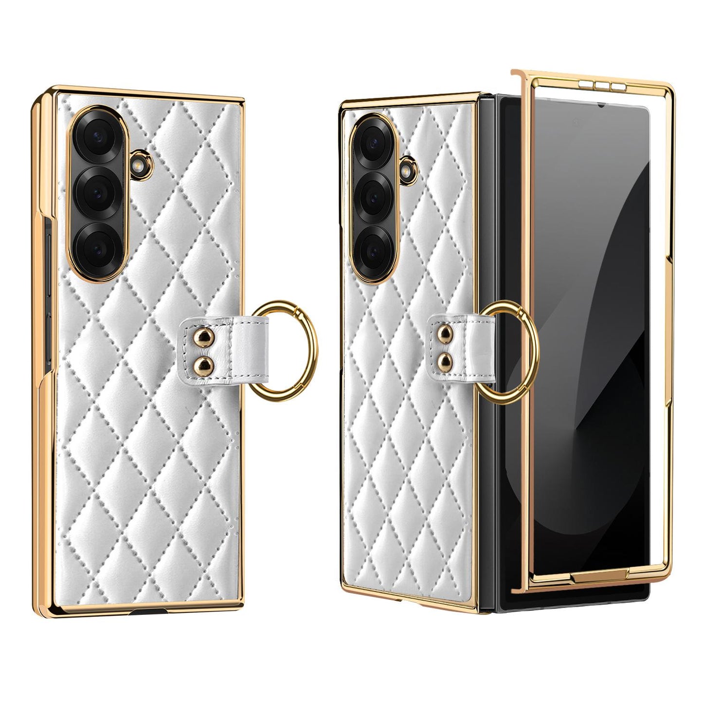 For Galaxy Z Fold8 Ultra 5G VIETAO Diamond Pattern Metal Ring PU Leather Phone Case(White)