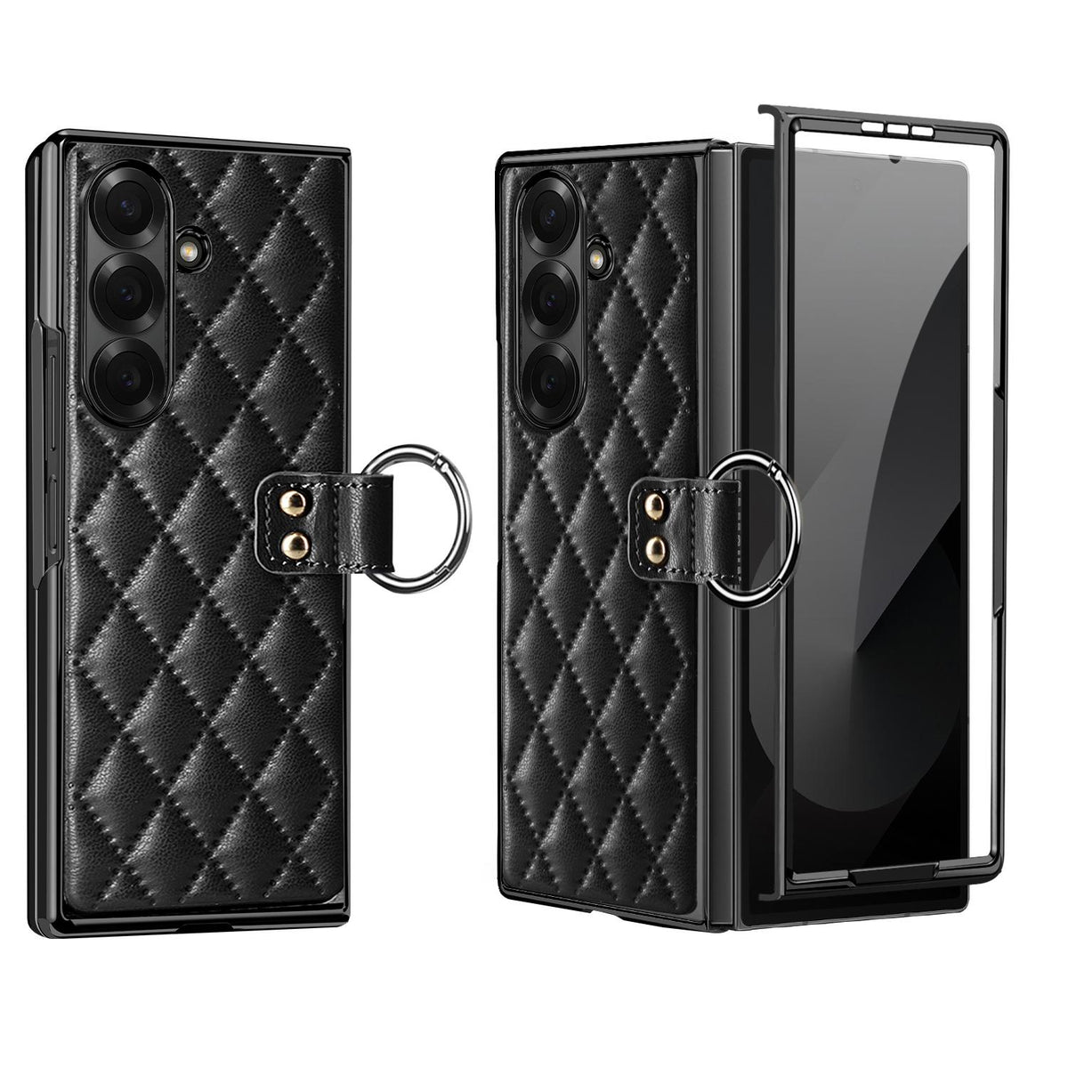 For Galaxy Z Fold8 Ultra 5G VIETAO Diamond Pattern Metal Ring PU Leather Phone Case - Black - EDA008425404D