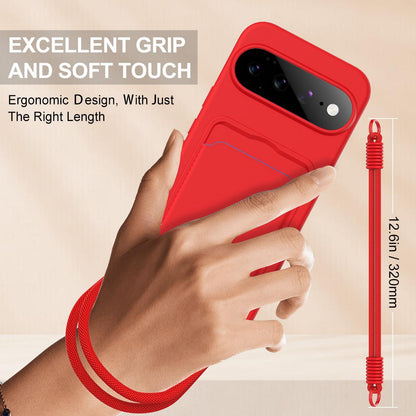 For Google Pixel 11 Pro XL Integrated Card Bag Solid Color Liquid Silicone Phone Case Gen2 with Short Lanyard - Red - EDA008438413A