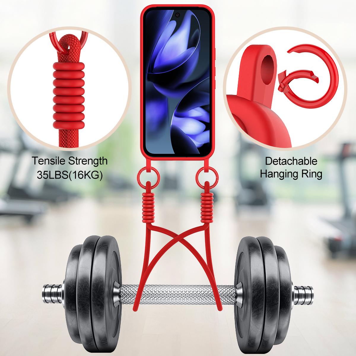For Google Pixel 11 Pro XL Integrated Card Bag Solid Color Liquid Silicone Phone Case Gen2 with Short Lanyard - Red - EDA008438413A