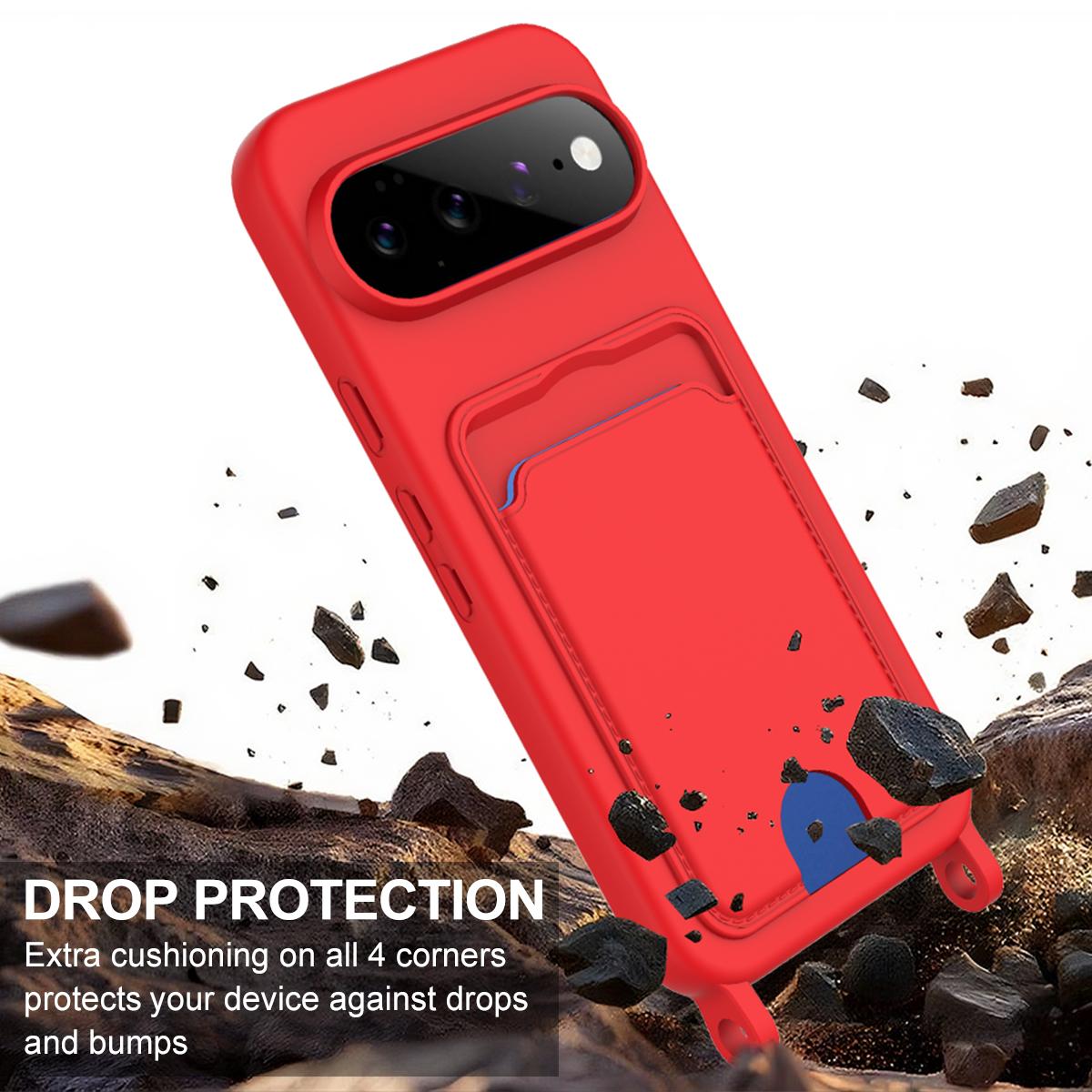 For Google Pixel 11 Pro XL Integrated Card Bag Solid Color Liquid Silicone Phone Case Gen2 with Short Lanyard - Red - EDA008438413A