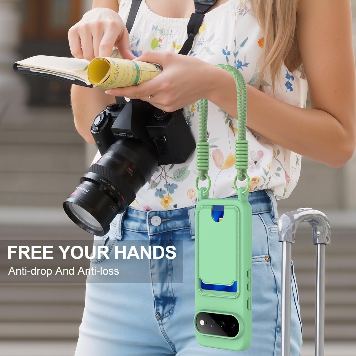 For Google Pixel 11 Pro XL Integrated Card Bag Solid Color Liquid Silicone Phone Case Gen2 with Short Lanyard - Green - EDA008438413B