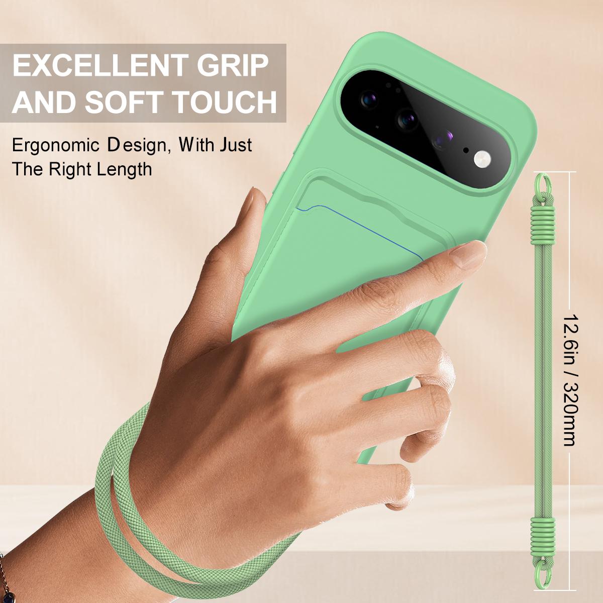 For Google Pixel 11 Pro XL Integrated Card Bag Solid Color Liquid Silicone Phone Case Gen2 with Short Lanyard - Green - EDA008438413B