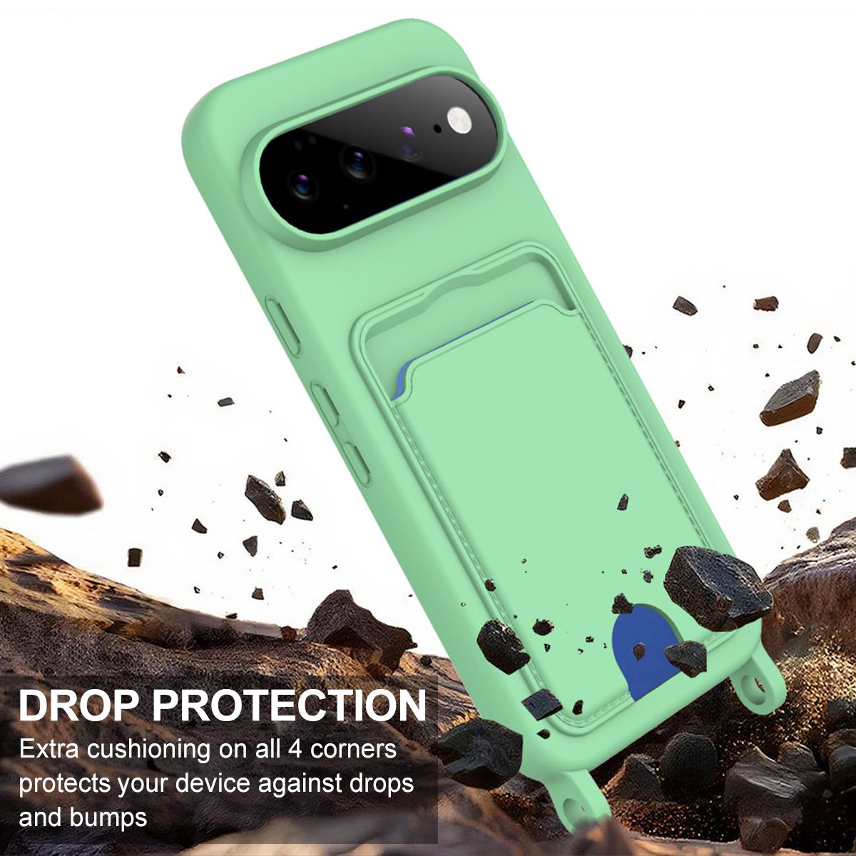 For Google Pixel 11 Pro XL Integrated Card Bag Solid Color Liquid Silicone Phone Case Gen2 with Short Lanyard - Green - EDA008438413B