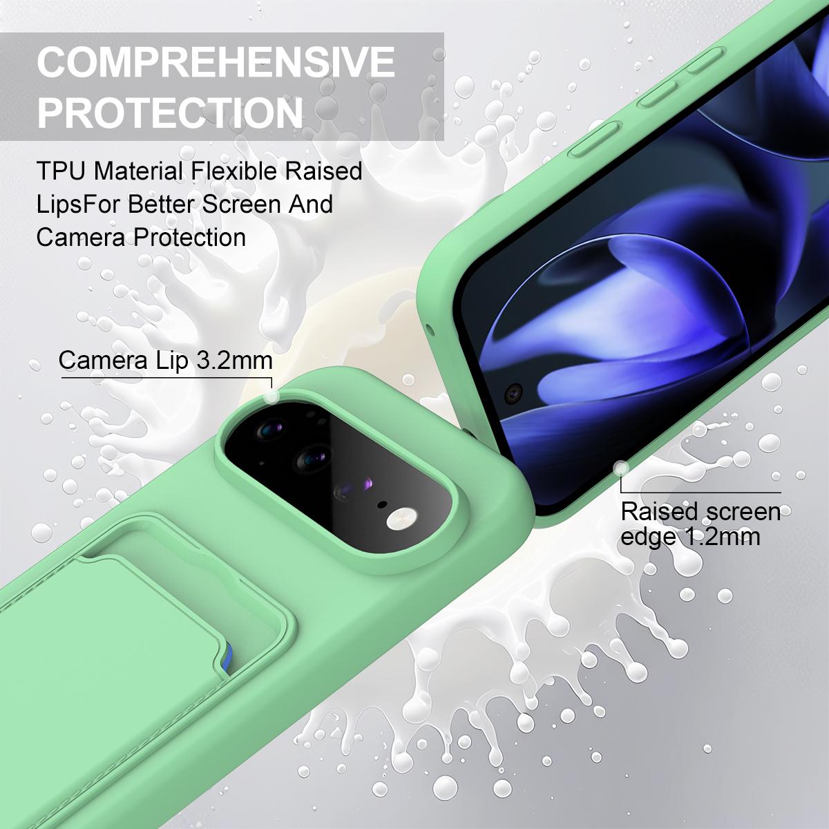 For Google Pixel 11 Pro XL Integrated Card Bag Solid Color Liquid Silicone Phone Case Gen2 with Short Lanyard - Green - EDA008438413B