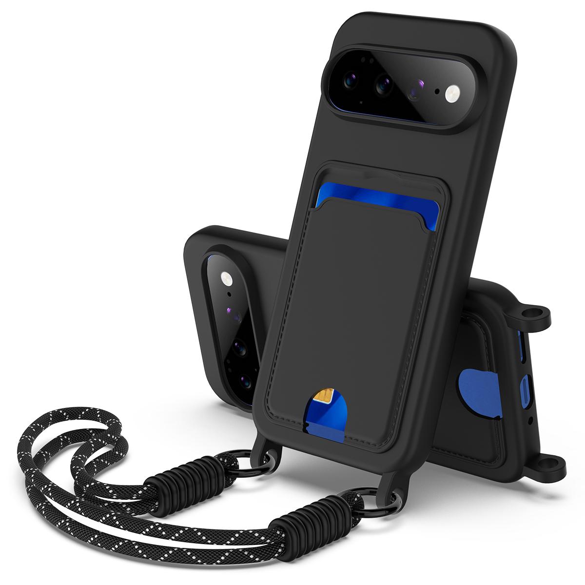 For Google Pixel 11 Pro XL Integrated Card Bag Solid Color Liquid Silicone Phone Case Gen2 with Short Lanyard - Black - EDA008438413C