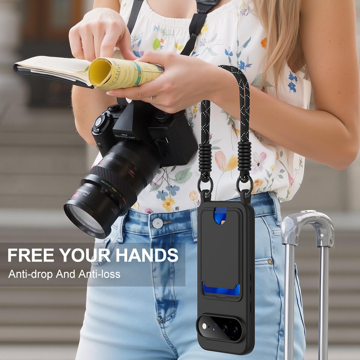 For Google Pixel 11 Pro XL Integrated Card Bag Solid Color Liquid Silicone Phone Case Gen2 with Short Lanyard - Black - EDA008438413C