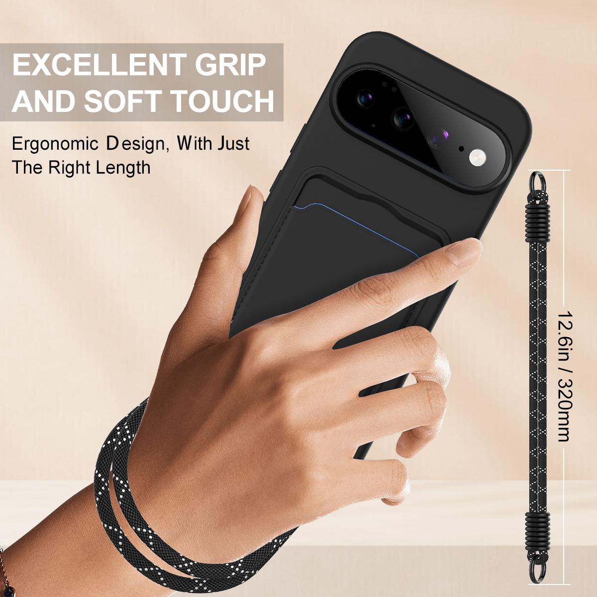 For Google Pixel 11 Pro XL Integrated Card Bag Solid Color Liquid Silicone Phone Case Gen2 with Short Lanyard - Black - EDA008438413C