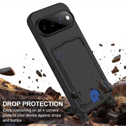 For Google Pixel 11 Pro XL Integrated Card Bag Solid Color Liquid Silicone Phone Case Gen2 with Short Lanyard - Black - EDA008438413C