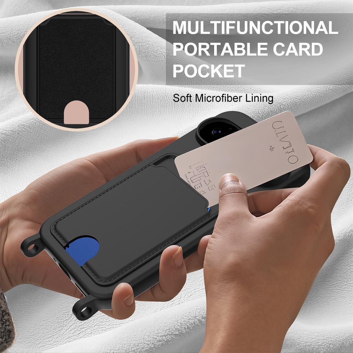 For Google Pixel 11 Pro XL Integrated Card Bag Solid Color Liquid Silicone Phone Case Gen2 with Short Lanyard - Black - EDA008438413C