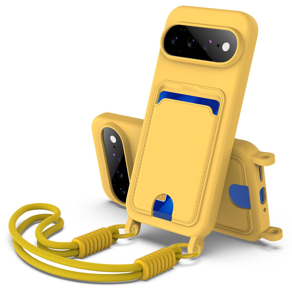 For Google Pixel 11 Pro XL Integrated Card Bag Solid Color Liquid Silicone Phone Case Gen2 with Short Lanyard - Yellow - EDA008438413D