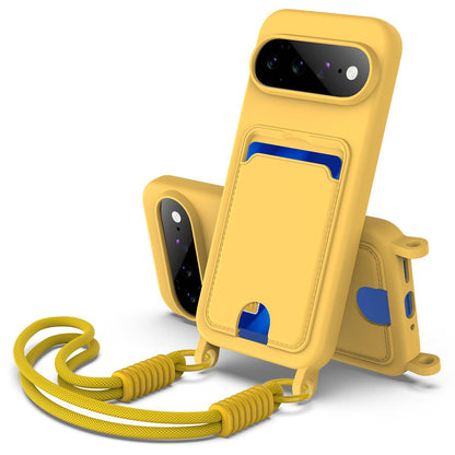For Google Pixel 11 Pro XL Integrated Card Bag Solid Color Liquid Silicone Phone Case Gen2 with Short Lanyard - Yellow - EDA008438413D