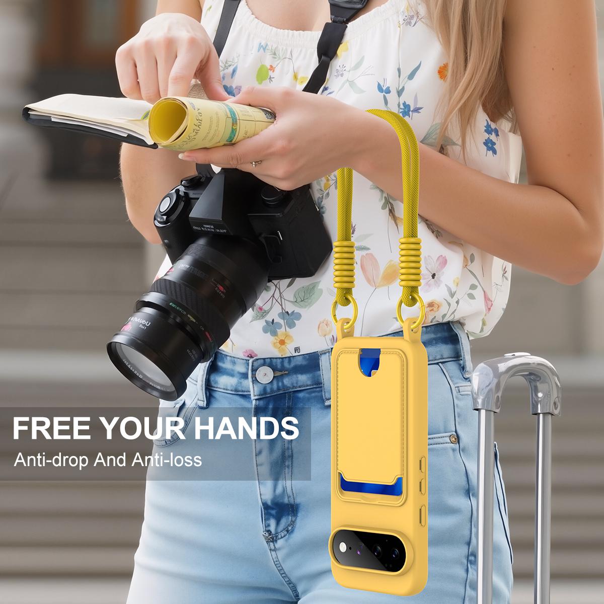 For Google Pixel 11 Pro XL Integrated Card Bag Solid Color Liquid Silicone Phone Case Gen2 with Short Lanyard - Yellow - EDA008438413D