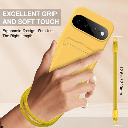 For Google Pixel 11 Pro XL Integrated Card Bag Solid Color Liquid Silicone Phone Case Gen2 with Short Lanyard - Yellow - EDA008438413D