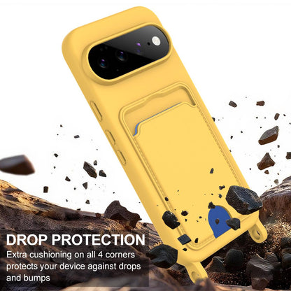 For Google Pixel 11 Pro XL Integrated Card Bag Solid Color Liquid Silicone Phone Case Gen2 with Short Lanyard - Yellow - EDA008438413D