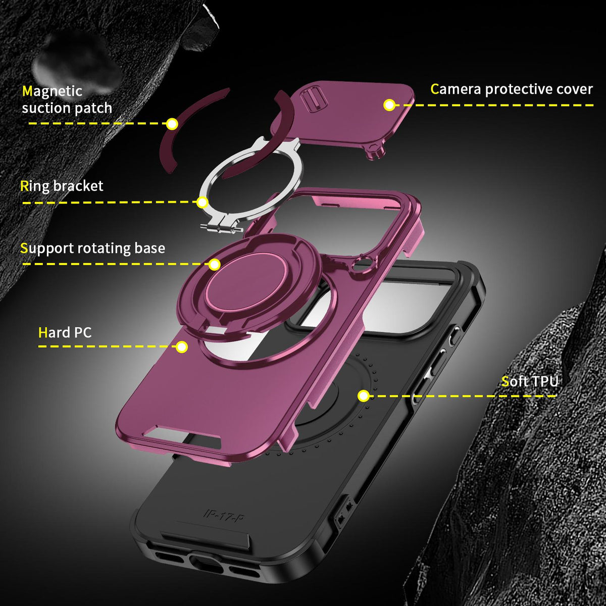 For iPhone 17 Pro Sliding Camshield Ring Holder Phone Case - Cherry Red - EDA008462102H