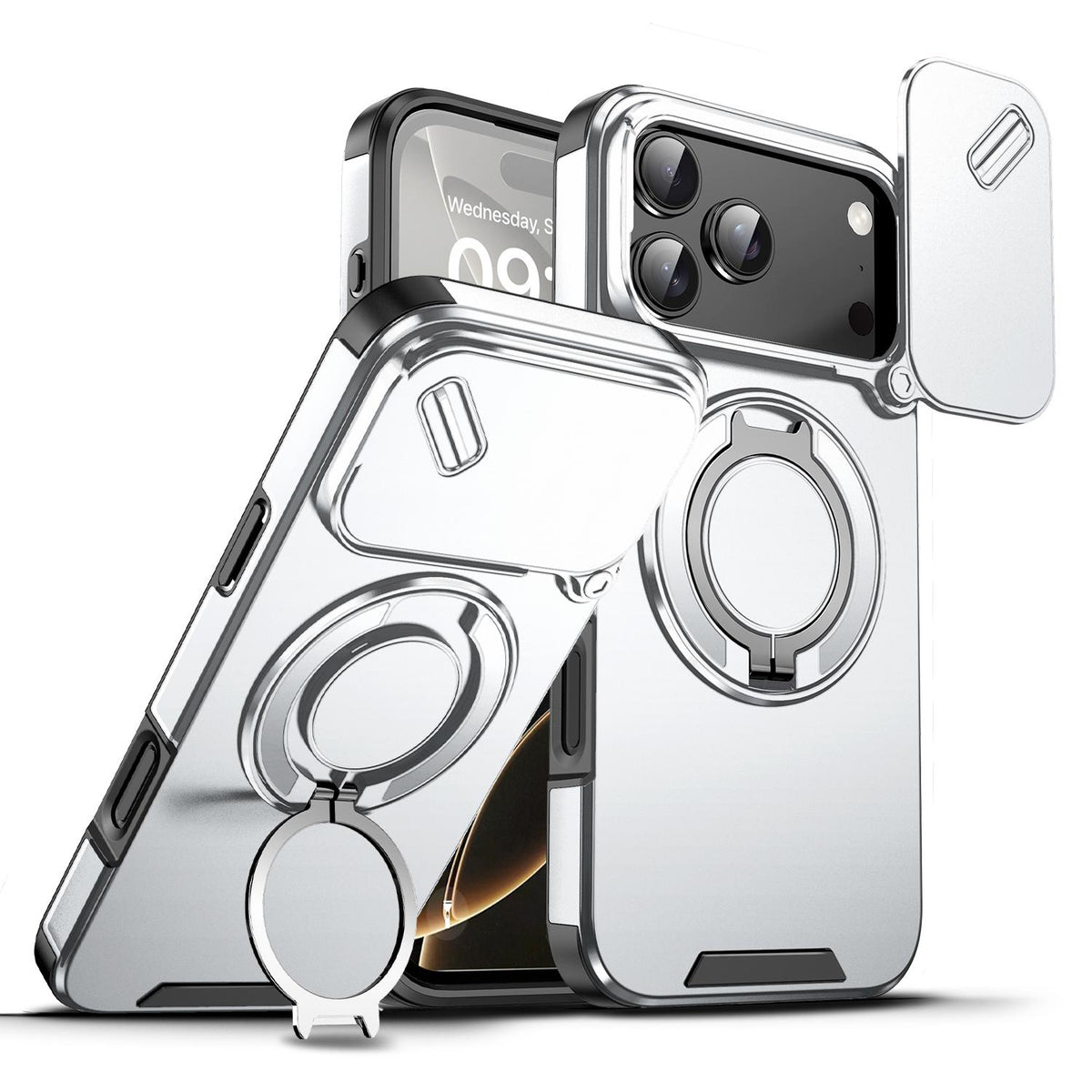 For iPhone 18 Pro Max Sliding Camshield Ring Holder Phone Case - Silver - EDA008462105G