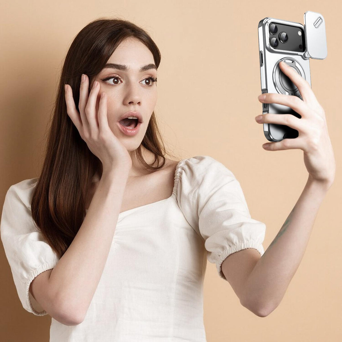 For iPhone 18 Pro Max Sliding Camshield Ring Holder Phone Case - Silver - EDA008462105G