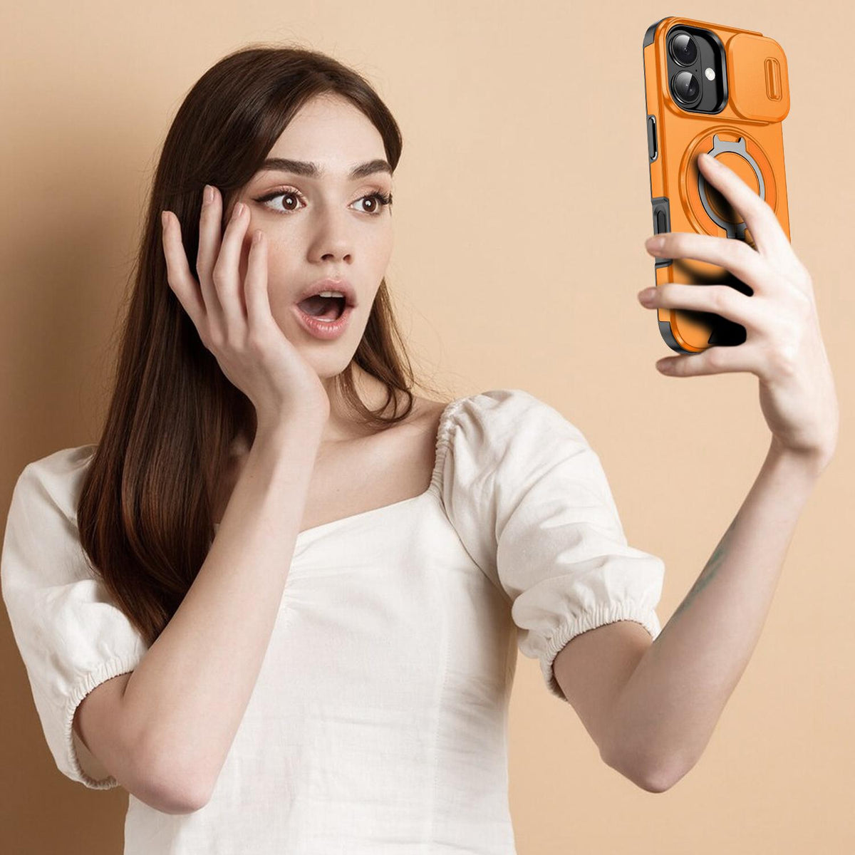 For iPhone 18 Sliding Camshield Ring Holder Phone Case - Orange - EDA008462107D